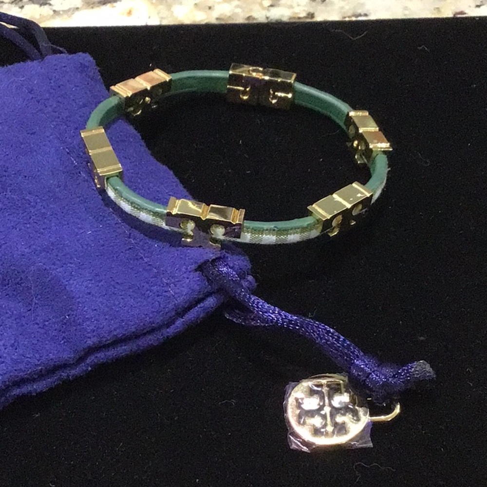 Tory Burch Bracelet Green Gingham Leather Gold 7” NWOT